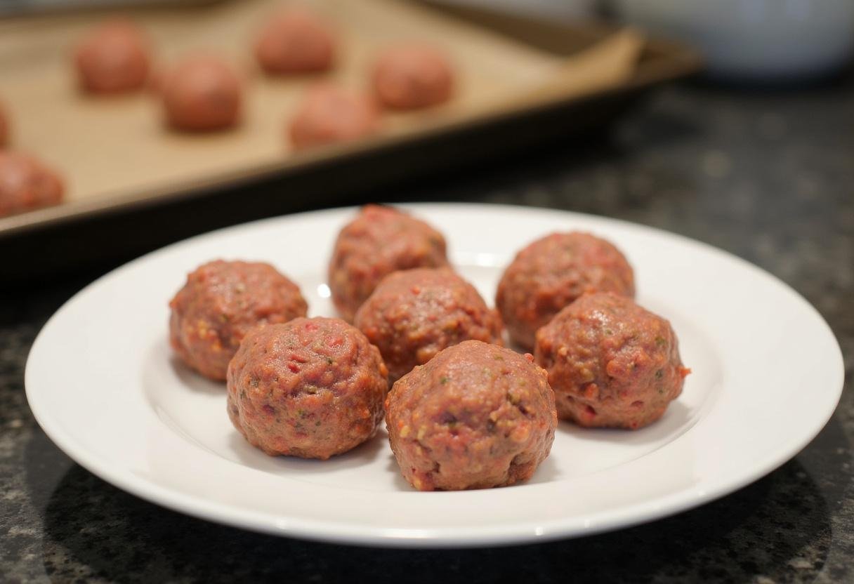 Shaped meatballs ready for baking, part of the Frozen Marshmallow's Mighty Meatless Meatballs recipe.
