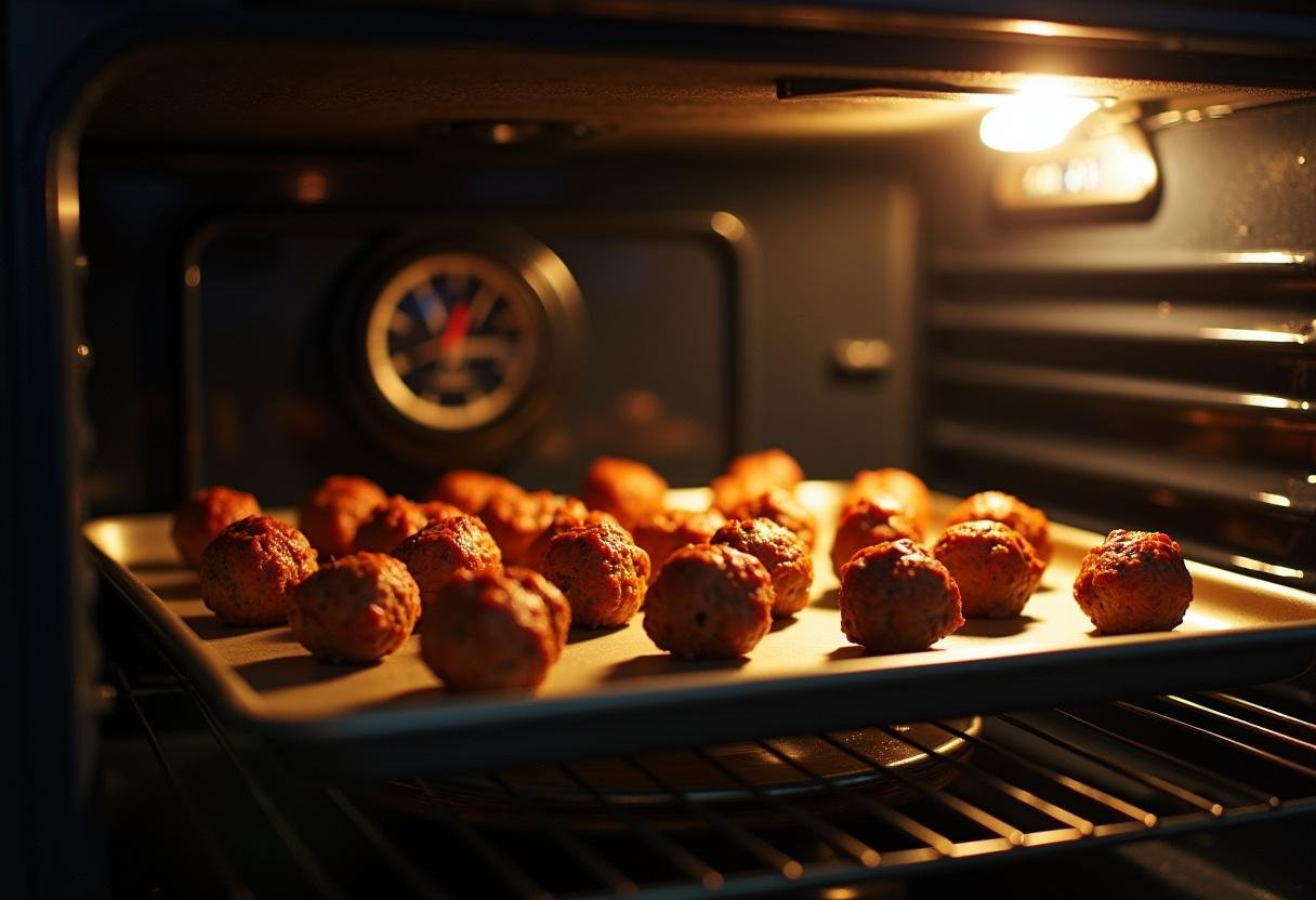 Baking process of Frozen Marshmallow's Mighty Meatless Meatballs in a warm kitchen setting.
