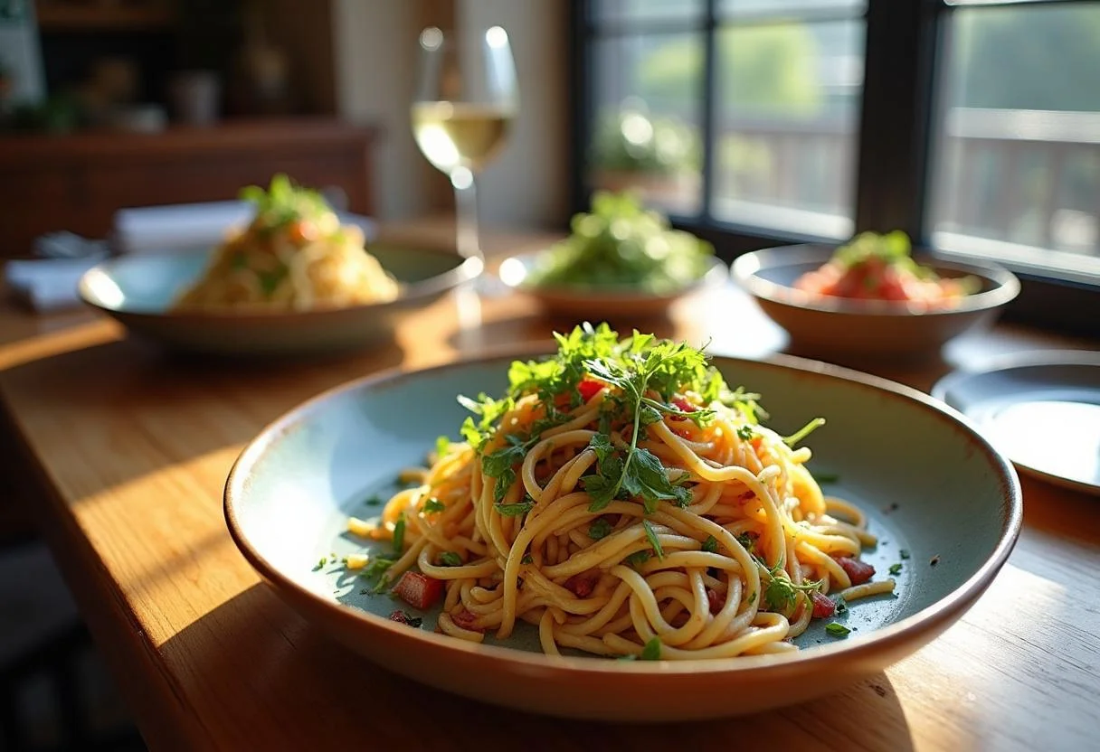 Finished Frozen Northuldra Nature Noodle Salad in a delightful dining setting, perfect for sharing.