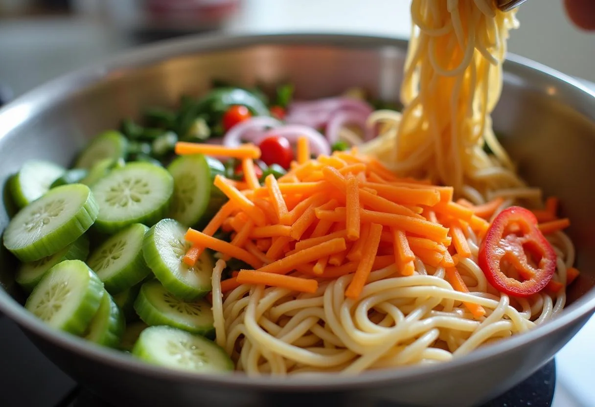 Preparing Frozen Northuldra Nature Noodle Salad with fresh noodles and colorful vegetables.
