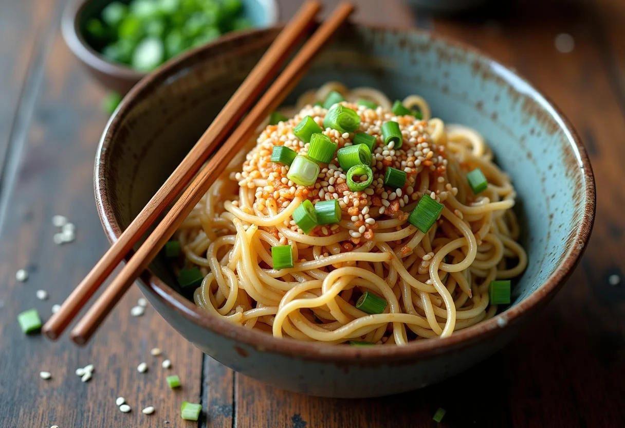 Garnishing Frozen Northuldra Nature Noodle Salad with sesame seeds and scallions for added texture.