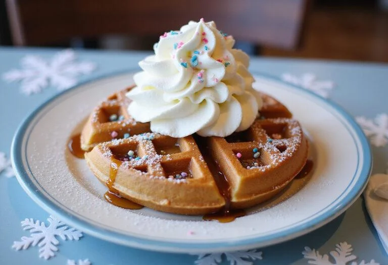 Deliciously served Frozen Olaf's Warm Hugs Waffles with whipped cream and sprinkles, creating a festive presentation.