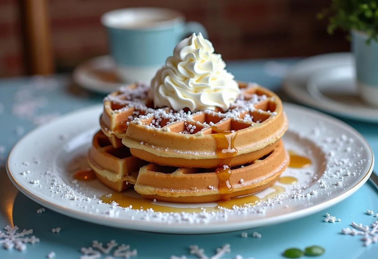 Deliciously served Frozen Olaf's Warm Hugs Waffles with whipped cream and sprinkles, creating a festive presentation.