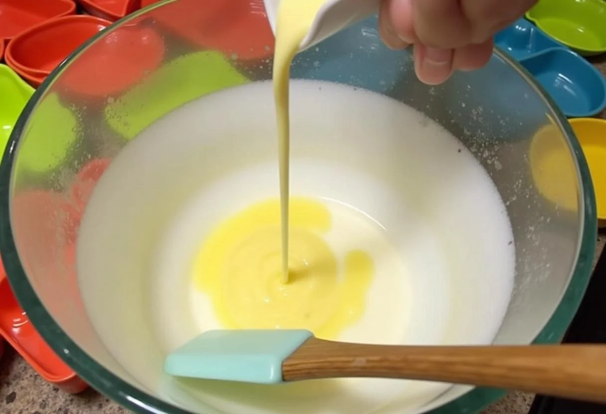 Combining melted butter and milk for Frozen Olaf's Warm Hugs Waffles in a vibrant kitchen scene.