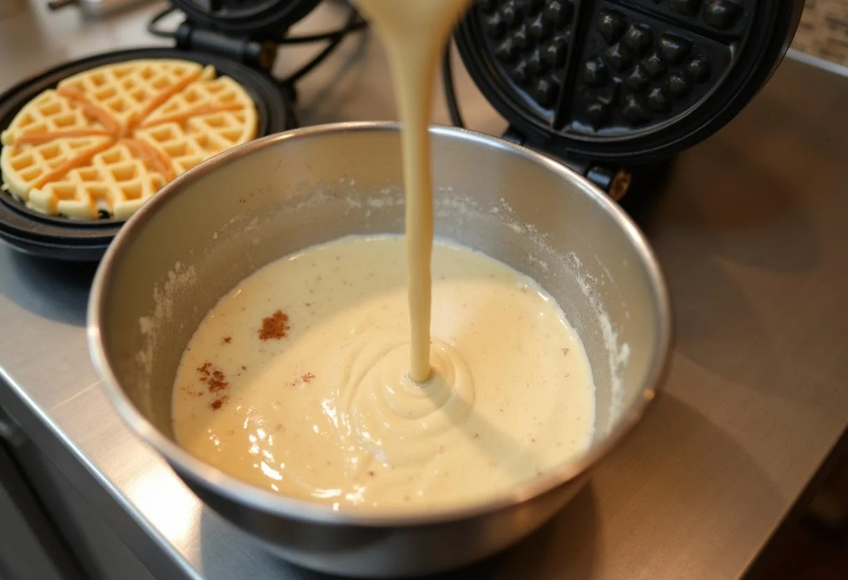 Mixing ingredients for Frozen Olaf's Warm Hugs Waffles, showcasing the fluffy batter and the waffle iron in a warm kitchen setting.