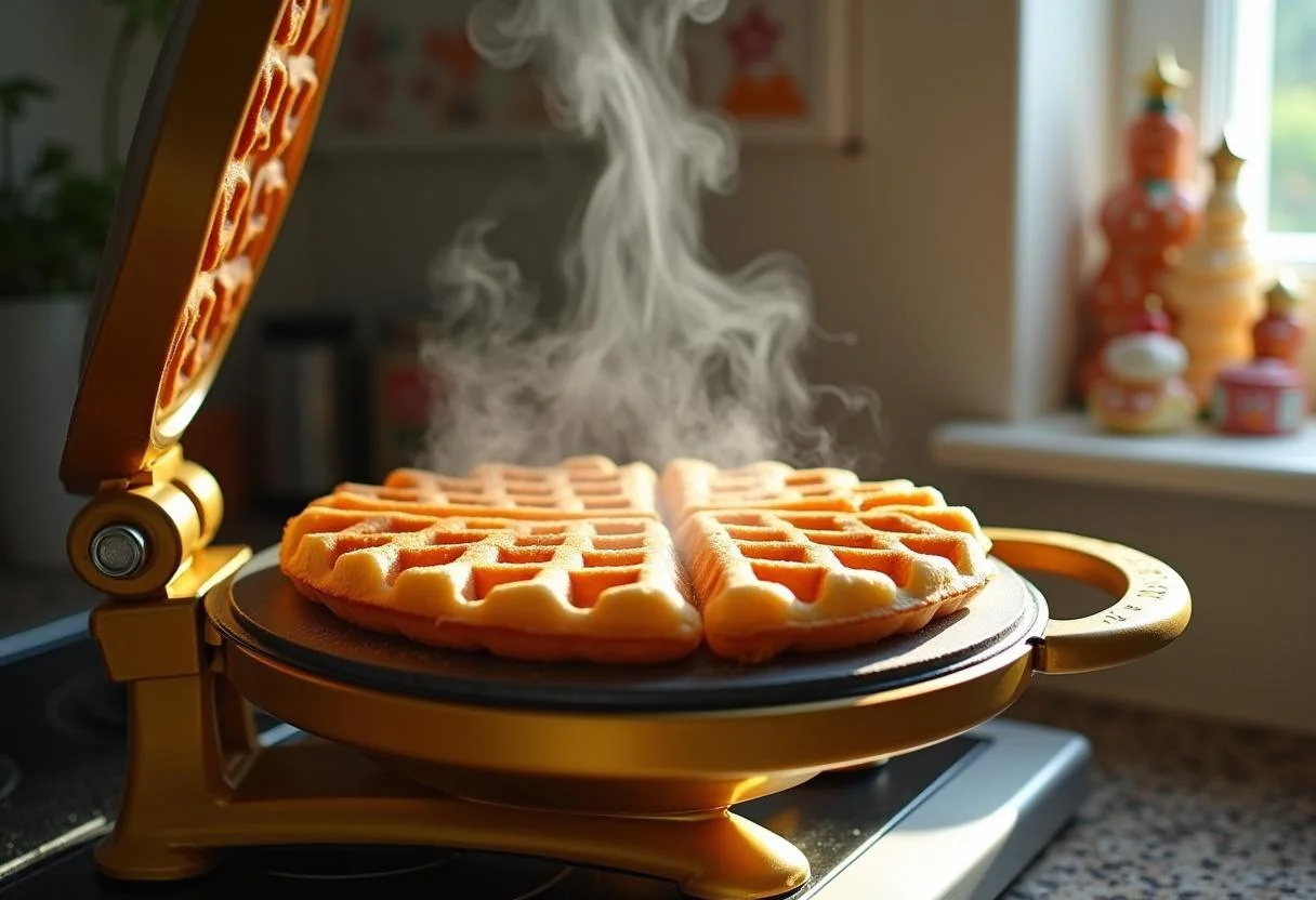 Golden Frozen Olaf's Warm Hugs Waffles cooking in a waffle iron with delightful steam in a whimsical kitchen.