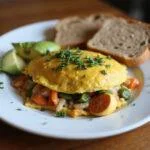 Finished Fruitvale Station Michael B. Jordan's Oakland Omelet served with toast and avocado, showcasing a delicious and vibrant breakfast dish.