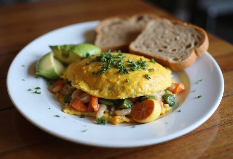 Finished Fruitvale Station Michael B. Jordan's Oakland Omelet served with toast and avocado, showcasing a delicious and vibrant breakfast dish.