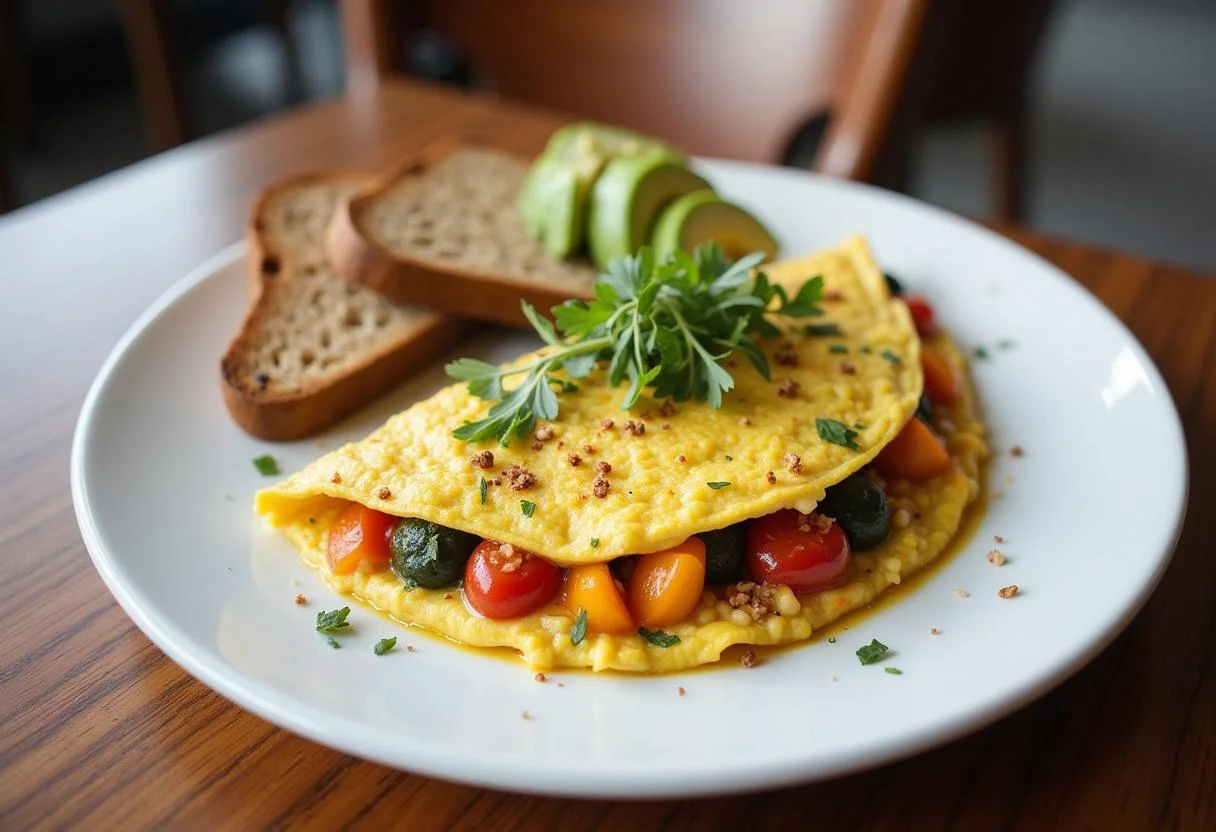 Finished Fruitvale Station Michael B. Jordan's Oakland Omelet served with toast and avocado, showcasing a delicious and vibrant breakfast dish.