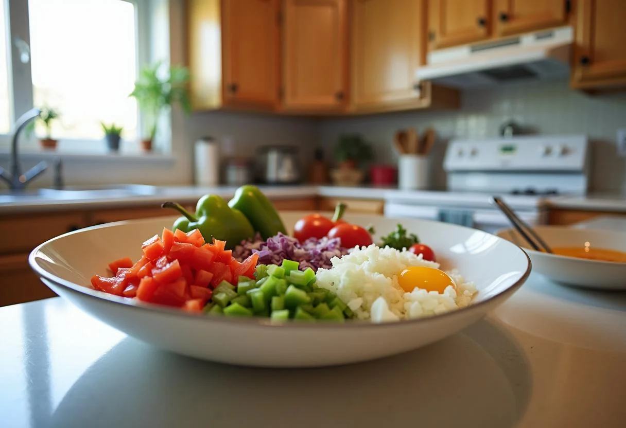 Fresh ingredients for Fruitvale Station Michael B. Jordan's Oakland Omelet including chopped vegetables and whisked eggs.