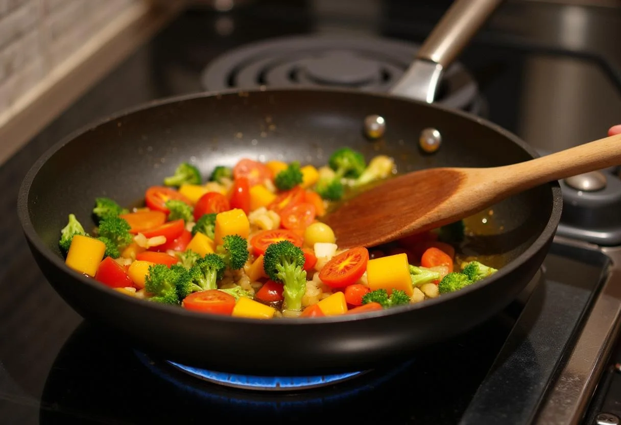 Sautéed vegetables in a skillet for a delicious Oakland Omelet inspired by Fruitvale Station featuring fresh bell peppers, onions, and tomatoes.