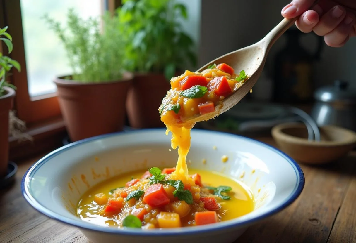 Mixing sautéed vegetables into eggs for Fruitvale Station Michael B. Jordan's Oakland Omelet in a rustic kitchen filled with herbs.