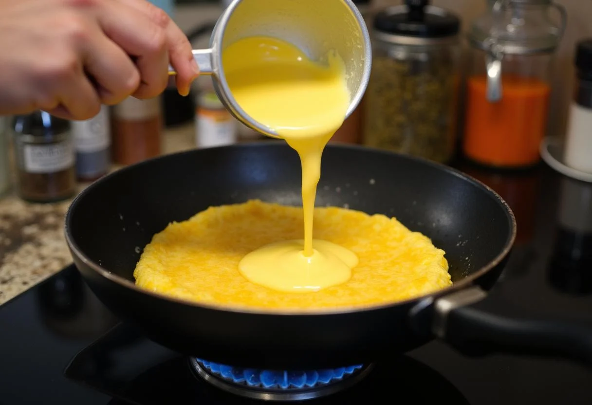 Pouring the omelet mixture into a skillet, showcasing the preparation of Fruitvale Station Michael B. Jordan's Oakland Omelet in a cozy kitchen.