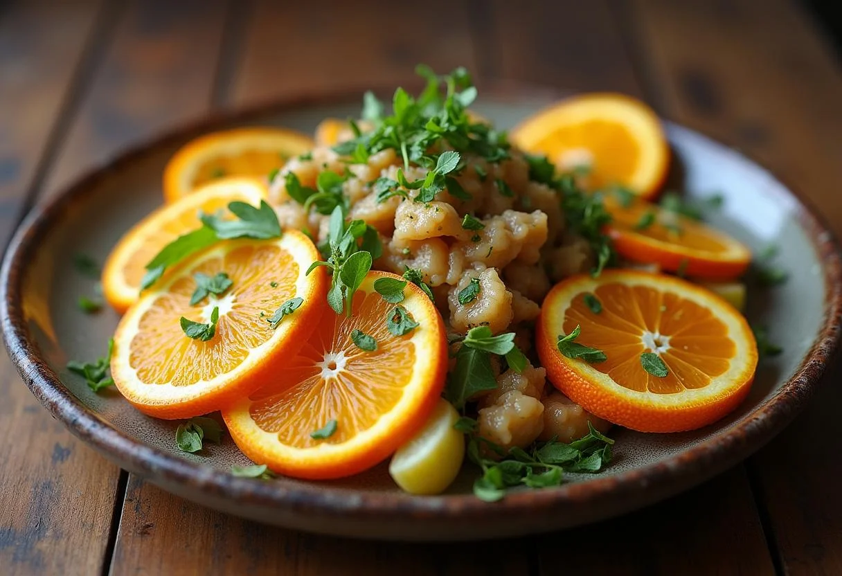 Final presentation of Game of Thrones Dothraki Orange Salad on a rustic platter, a stunning dish full of colors and flavors.