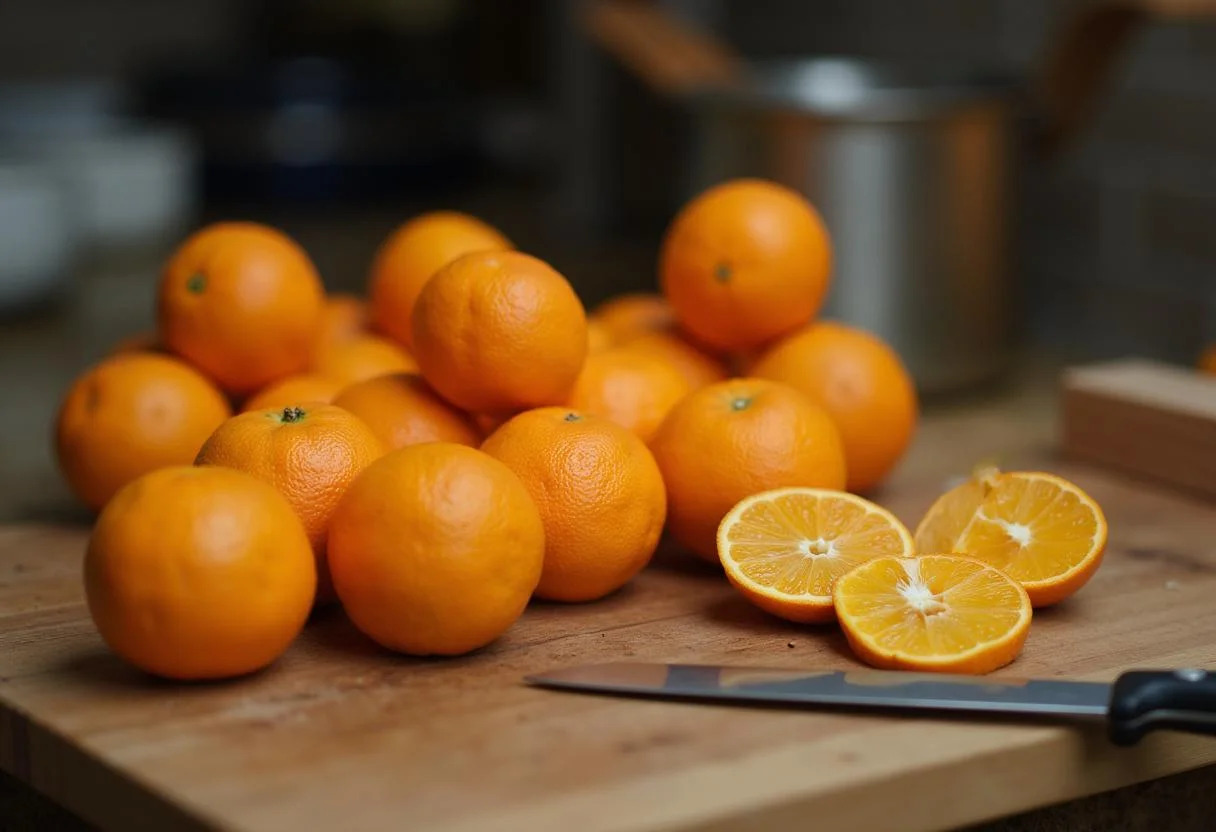 Fresh oranges on a cutting board for Game of Thrones Dothraki Orange Salad preparation, vibrant fruits for a colorful dish.