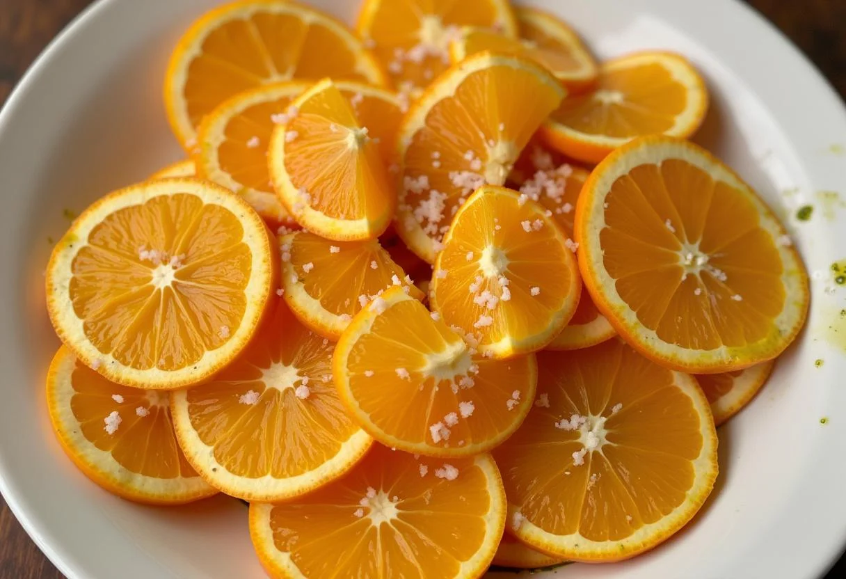 Sliced oranges in a bowl with seasoning for Game of Thrones Dothraki Orange Salad, showcasing the fresh ingredients.