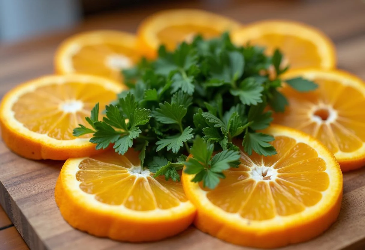 Chopped herbs on orange slices for the Game of Thrones Dothraki Orange Salad, enhancing flavor and freshness.