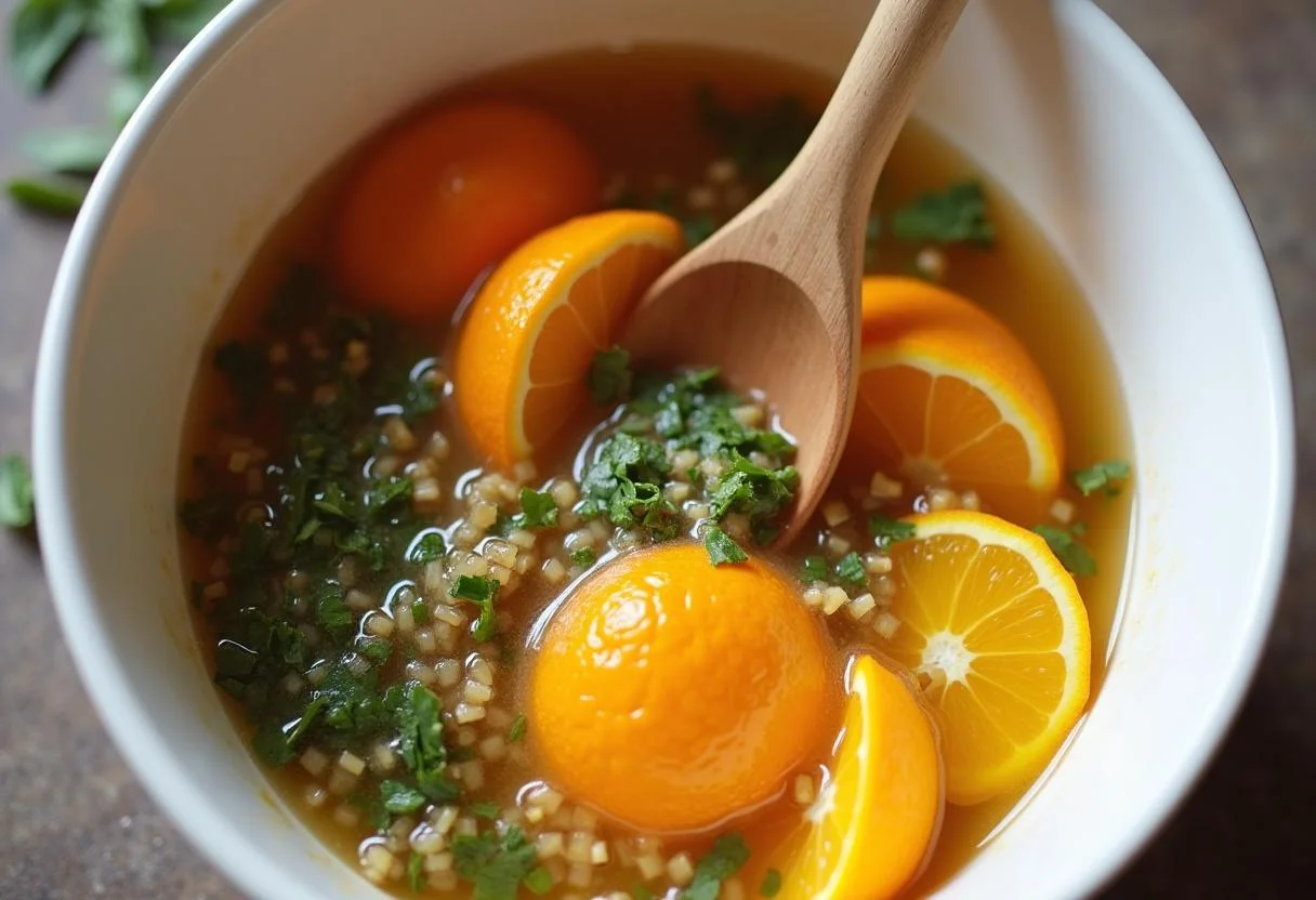 Mixing ingredients for Game of Thrones Dothraki Orange Salad, combining vibrant oranges and herbs for a refreshing taste.