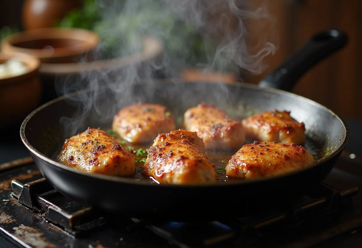 Cooking Game of Thrones Dragon's Breath Chicken in a hot skillet, highlighting the essential cooking method for authentic flavors.