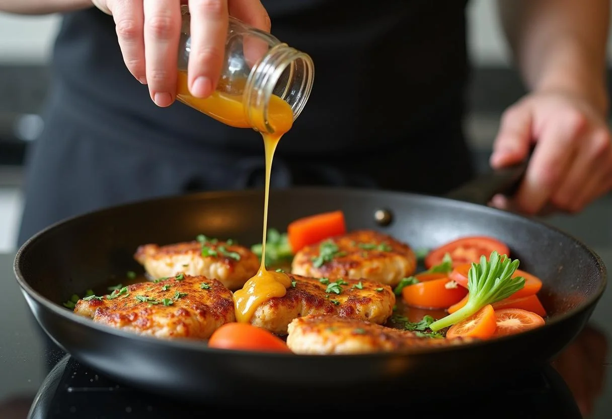 Adding a spicy sauce to Game of Thrones Dragon's Breath Chicken, showcasing the balance of flavors and colors.