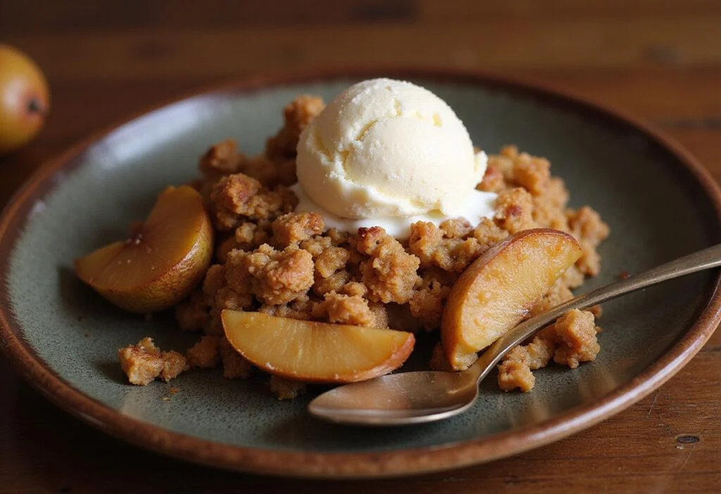 Delicious Game of Thrones Iron Throne Spiced Pear Crumble served warm, topped with vanilla ice cream and ready to enjoy.