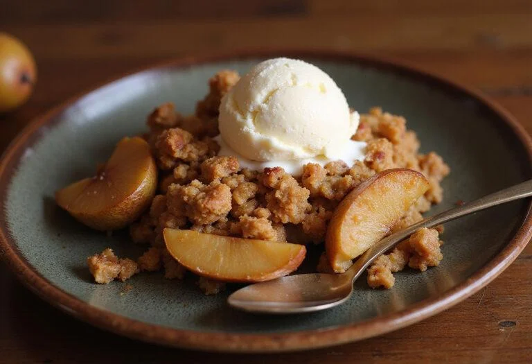 Delicious Game of Thrones Iron Throne Spiced Pear Crumble served warm, topped with vanilla ice cream and ready to enjoy.