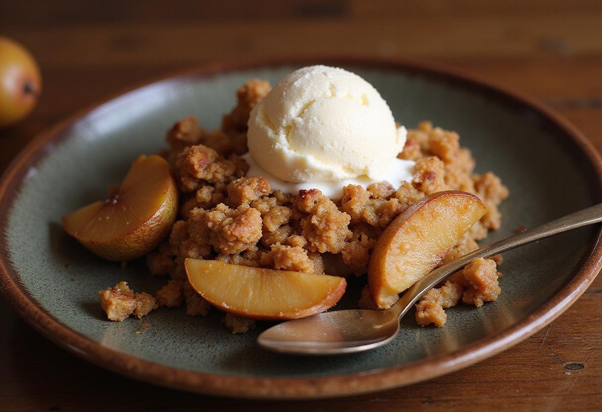 Delicious Game of Thrones Iron Throne Spiced Pear Crumble served warm, topped with vanilla ice cream and ready to enjoy.