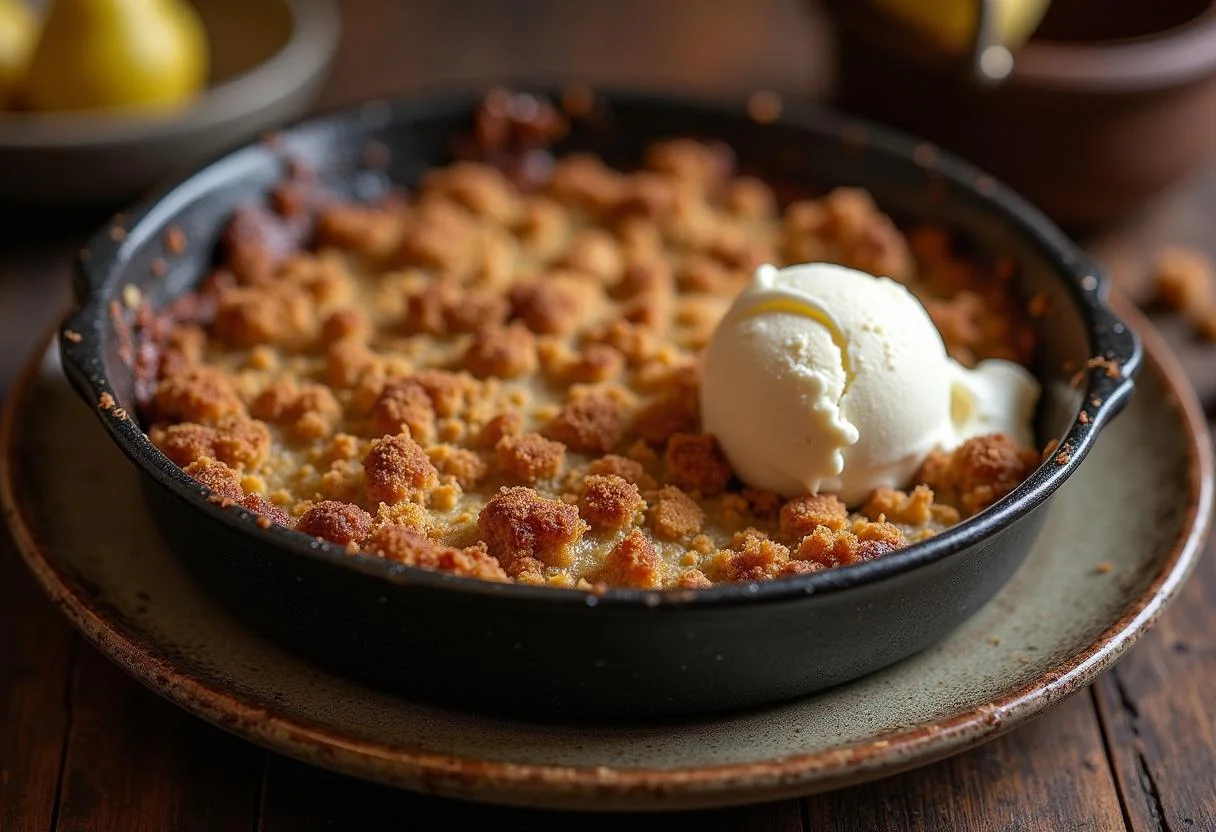 Delicious Game of Thrones Iron Throne Spiced Pear Crumble served warm, topped with vanilla ice cream and ready to enjoy.