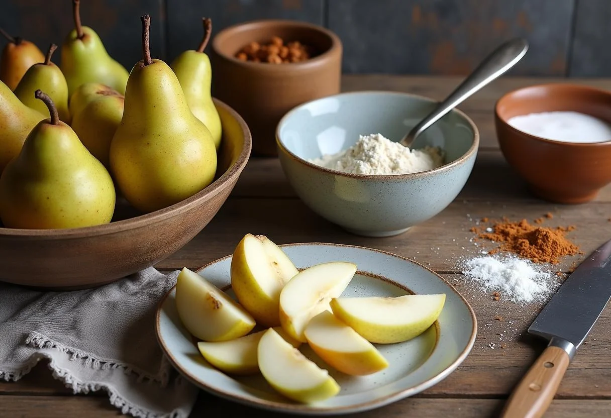 Fresh pears and ingredients for Game of Thrones Iron Throne Spiced Pear Crumble preparation on a wooden kitchen table.