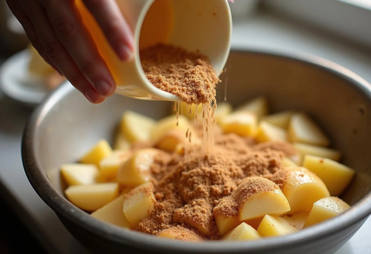 Mixing spiced sliced pears in preparation for Game of Thrones Iron Throne Spiced Pear Crumble, enhancing flavor with cinnamon and nutmeg.