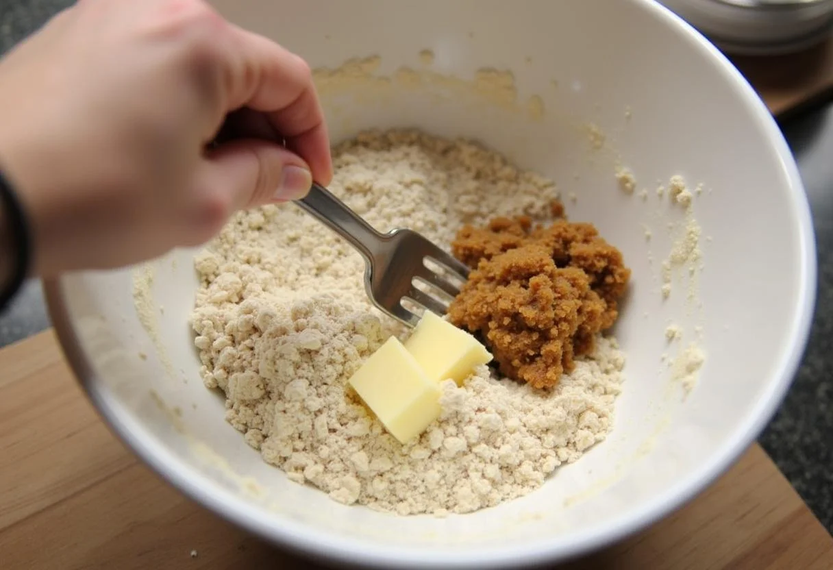 Creating the crumble topping for Game of Thrones Iron Throne Spiced Pear Crumble with flour, oats, sugar, and butter in a mixing bowl.