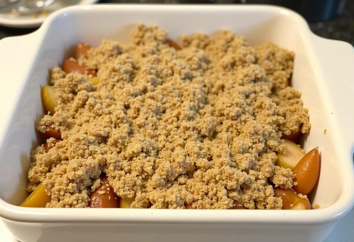 Assembling Game of Thrones Iron Throne Spiced Pear Crumble with spiced pear filling and crumble topping in a baking dish.