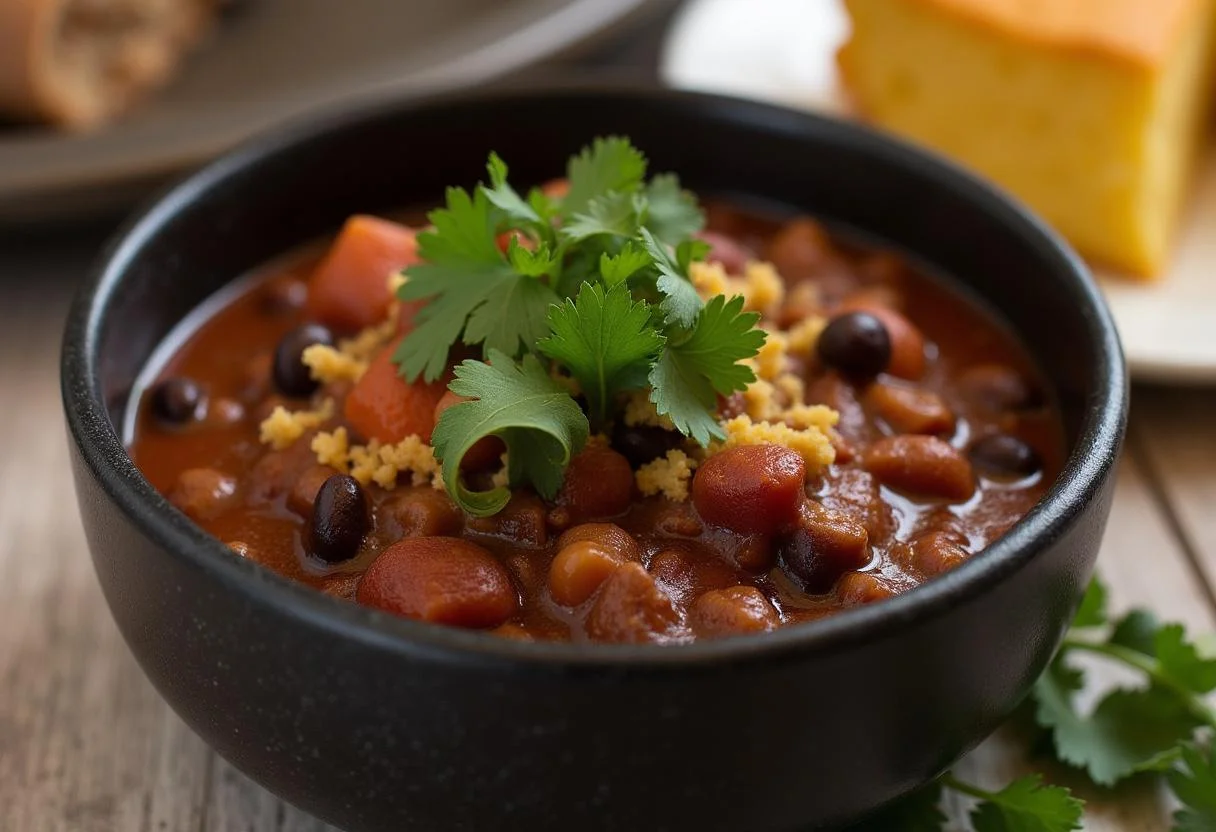 Satisfying bowl of Game of Thrones Night's Watch Black Bean Chili, garnished and served, perfect for a hearty meal.