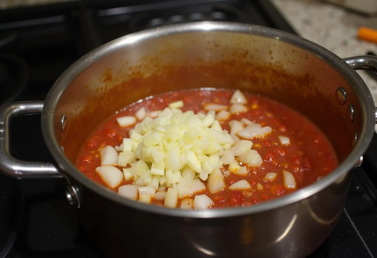 Preparing aromatic base for Game of Thrones Night's Watch Black Bean Chili with onions and garlic in a pot.
