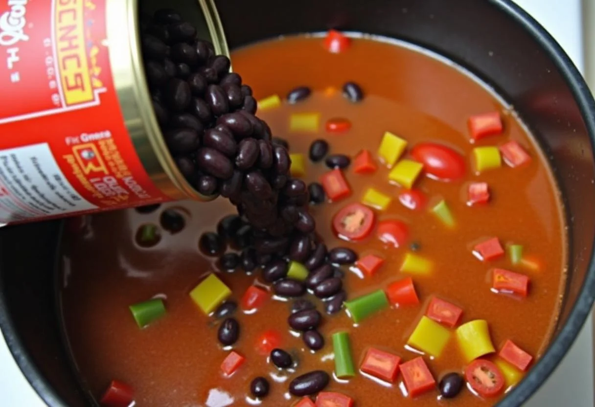 Adding black beans, diced tomatoes, and bell peppers to the pot for Game of Thrones Night's Watch Black Bean Chili.