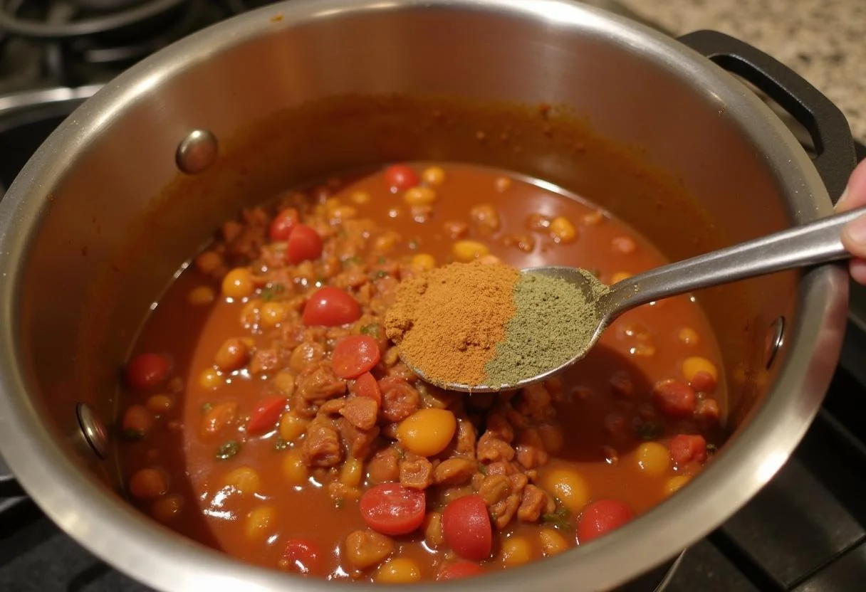 Seasoning with spices for Game of Thrones Night's Watch Black Bean Chili in a pot.