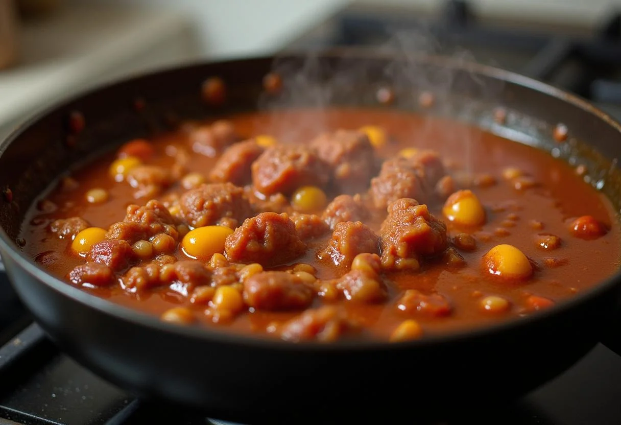 Simmering Game of Thrones Night's Watch Black Bean Chili on the stove, showcasing a thick and rich texture.