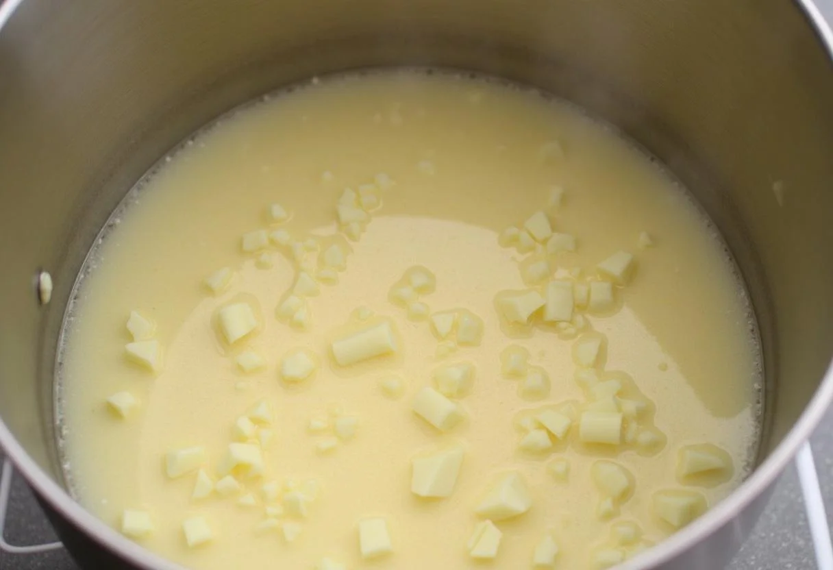 Melting white chocolate for Game of Thrones Queen'sguard White Chocolate Mousse, creating a velvety texture.