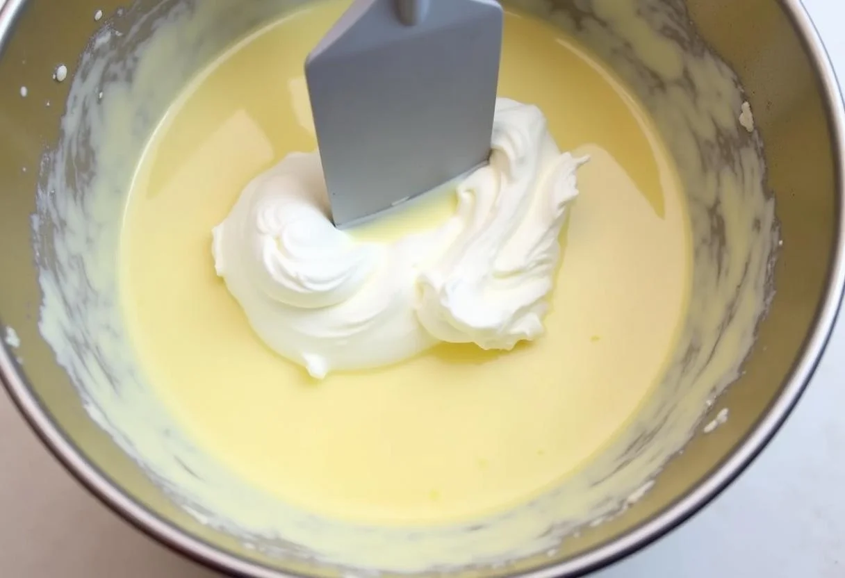 Folding whipped cream into melted white chocolate for the luxurious Game of Thrones Queen'sguard White Chocolate Mousse.