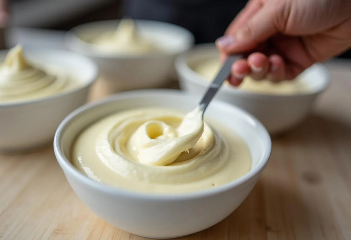Filling serving dishes with fluffy white chocolate mousse inspired by Game of Thrones Queen'sguard, ready for chilling.