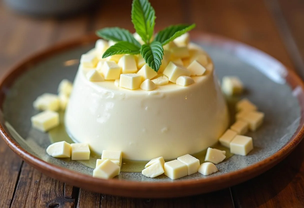 Garnishing Game of Thrones Queen'sguard White Chocolate Mousse with white chocolate shavings and mint for an elegant finish.