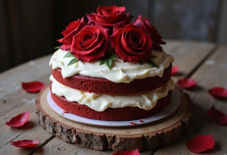 Beautifully displayed Game of Thrones Red Wedding Red Velvet Cake with cream cheese frosting and roses, perfect for a themed celebration.