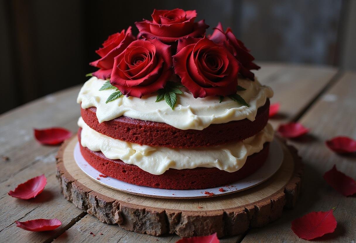 Beautifully displayed Game of Thrones Red Wedding Red Velvet Cake with cream cheese frosting and roses, perfect for a themed celebration.