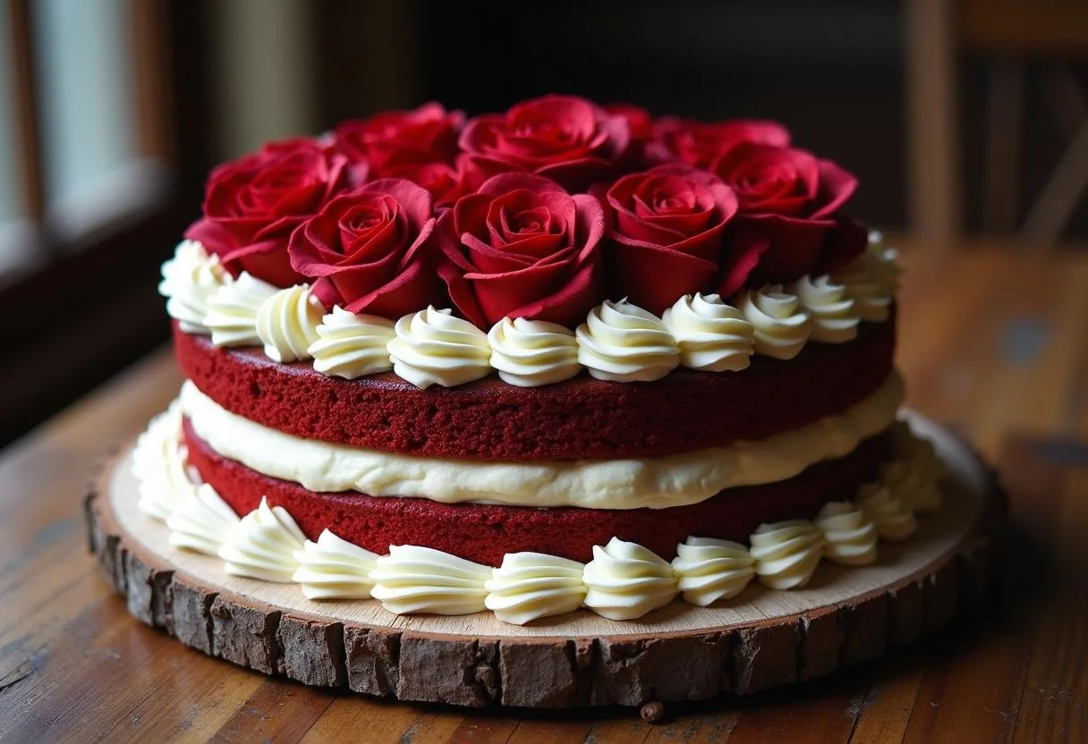 Beautifully displayed Game of Thrones Red Wedding Red Velvet Cake with cream cheese frosting and roses, perfect for a themed celebration.