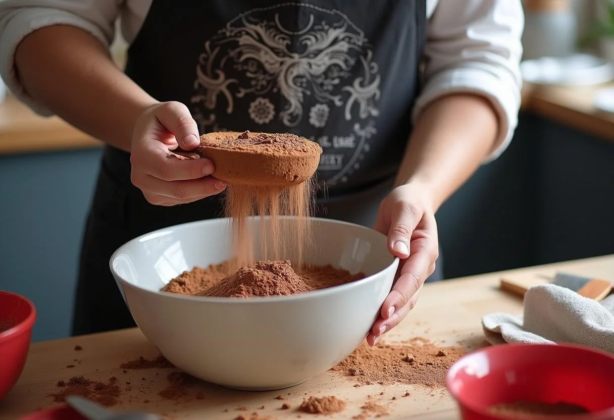 Preparation of Game of Thrones Red Wedding Red Velvet Cake with flour and cocoa powder being sifted in a modern kitchen.