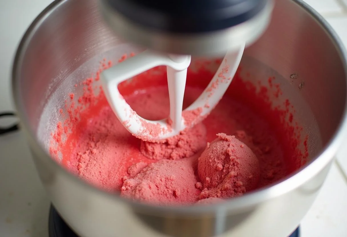 Mixing sugar and butter for Game of Thrones Red Wedding Red Velvet Cake, creating a rich red batter in a stylish kitchen.