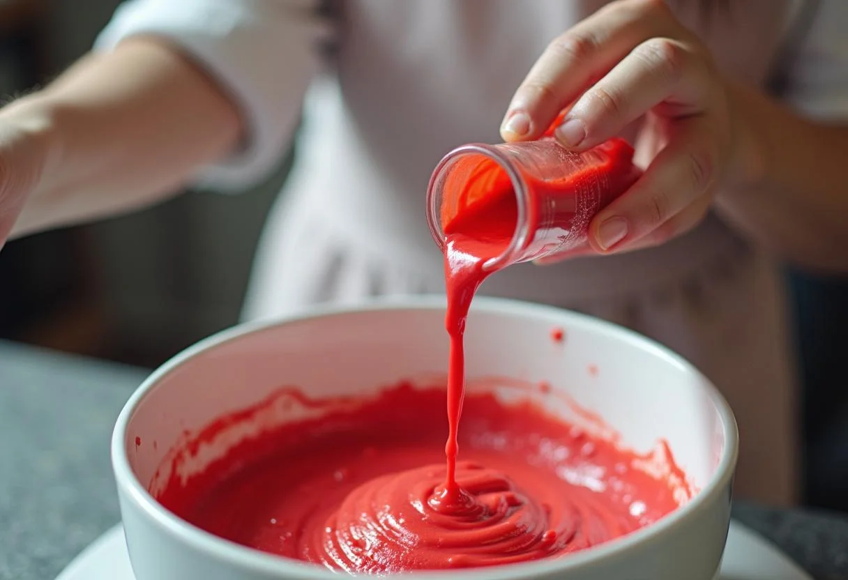 Adding red food coloring to the batter of Game of Thrones Red Wedding Red Velvet Cake, showcasing the unique colors of the cake mix.