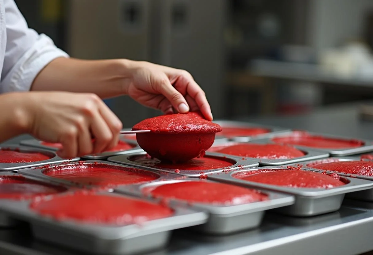 Filling pans with batter for Game of Thrones Red Wedding Red Velvet Cake, demonstrating the cake preparation process in the kitchen.