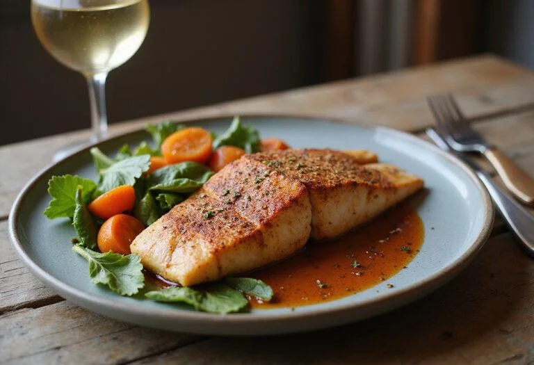 Final presentation of Game of Thrones Unsullied Spice-Rubbed Fish, beautifully garnished and served alongside colorful vegetables, showcasing culinary artistry.