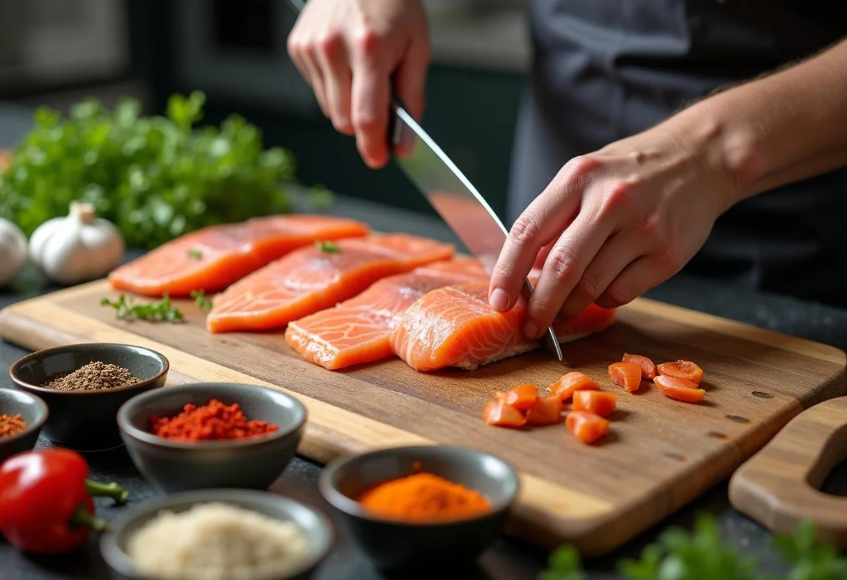 Fresh fish preparation with spices inspired by Game of Thrones Unsullied Spice-Rubbed Fish, featuring an array of colorful spices and herbs.